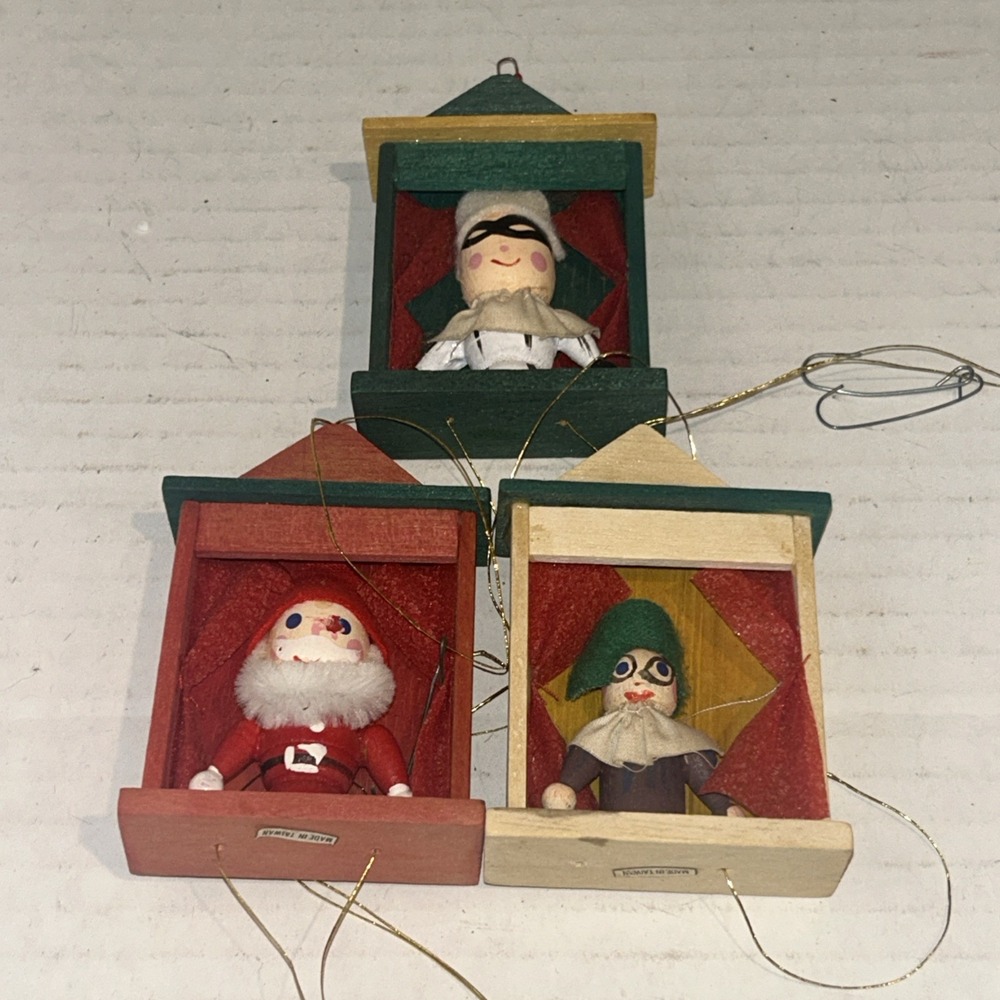 Vintage Wooden Christmas Puppet Marionette Ornament Santa Lot Of 3